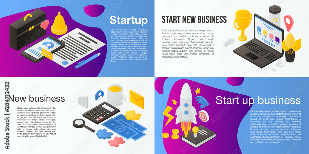 Aufkleber startup banner set. isometric set of startup vector banner for web design
