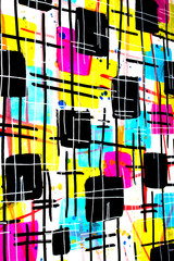 Abstract Vibrant Squares and Lines Ink and Painted Background Illustration