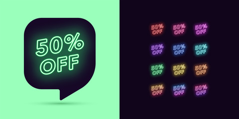 Neon Discount Tag, 50 Percentage Off. Offer Sale
