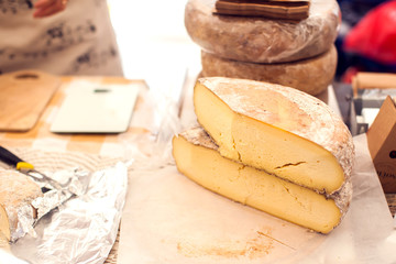 Different kinds of cheese at cheese festival. Organic and farm food