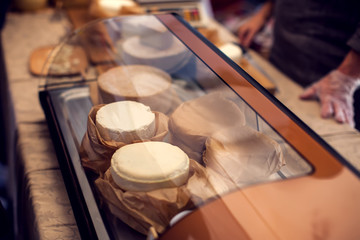 Different kinds of cheese at cheese festival. Organic and farm food