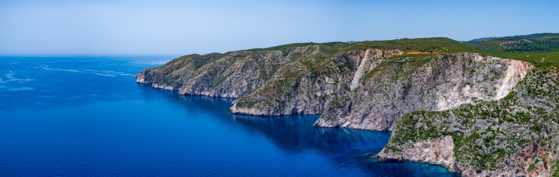 Panoramic view over the cliffs and the deep blue Mediterranean sea at Kambi, Zakynthos, Greece