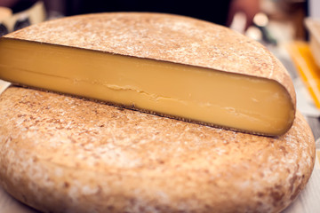 Different kinds of cheese at cheese festival. Organic and farm food