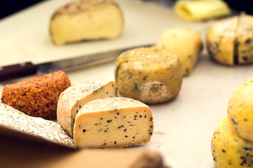 Different kinds of cheese at cheese festival. Organic and farm food