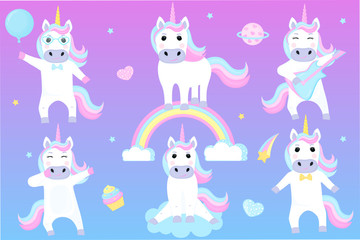 Set of funny unicorns. Cartoon characters playing guitar, dancing, sitting on a cloud.