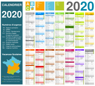 Calendrier 2020 14 mois avec vacances scolaires officielles 2020 / 2021 entièrement modifiable via calques et texte arial