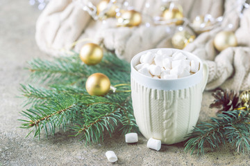 Fototapeta na wymiar A cup of hot chocolate with marshmallows on a Christmas background