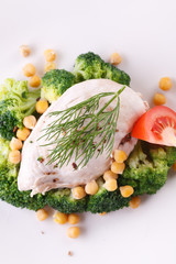 diet food. chicken breast with broccoli and chickpeas