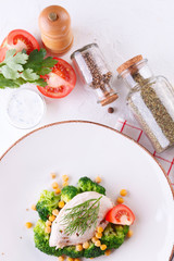 diet food. chicken breast with broccoli and chickpeas