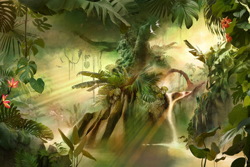 Beautiful dreamy jungle landscape with big old tree, can be used as background or wallpaper
