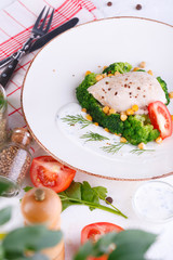 diet food. chicken breast with broccoli and chickpeas