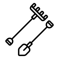 Farm rake and shovel icon. Outline farm rake and shovel vector icon for web design isolated on white background