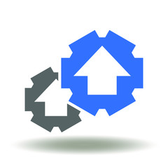Innovation integration logo. Gears arrow up icon vector. Upgrade Setting Machine Factory Technology Sign.