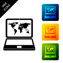 Laptop with world map on screen icon isolated on white background. World map geography symbol. Set icons colorful square buttons. Vector Illustration
