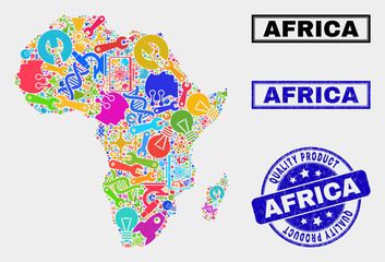 Vector collage of service Africa map and blue watermark for quality product. Africa map collage constructed with tools, wrenches, production symbols.