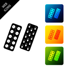 Pills or capsules in blister package icon isolated on white background. Tablets in package. Medications Accessory pharmacies and first aid kits. Set icons colorful square buttons. Vector Illustration