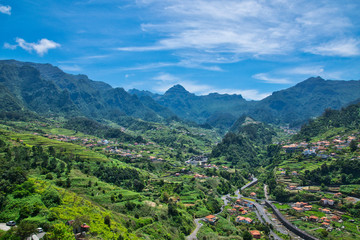 Naklejka na ściany i meble Sao Vicente best panoramic viewpoint from the church Capelinha N. S. Fatima to Encumeada pass in the island of Madeira, Atlantic ocean, Portugal in summer sunny day