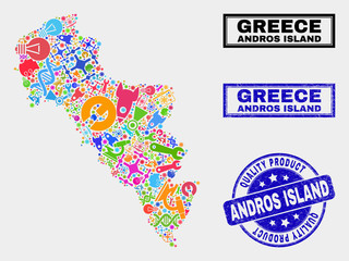 Vector collage of tools Andros Island of Greece map and blue stamp for quality product. Andros Island of Greece map collage constructed with tools, spanners, production symbols.
