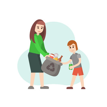 Mother and son collect garbage
