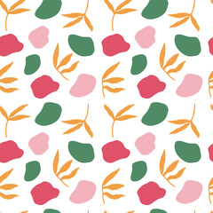 Abstract seamless pattern. Trendy wallpaper with random different shapes and floral elements. Ochre, terracotta, gold, yellow, pink, dark dusty green. Modern textile, branding and packaging.