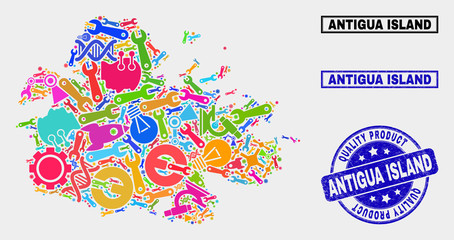 Vector collage of industrial Antigua Island map and blue seal for quality product. Antigua Island map collage made with equipment, spanners, production icons.