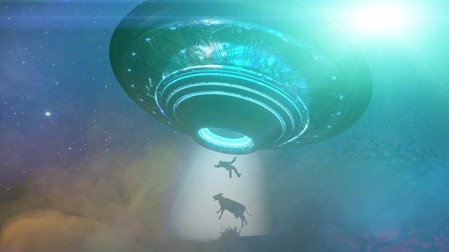 Man and floating to inside of ufo alien ship.   Concept of alien abduction 3d render