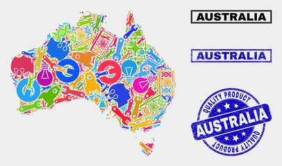 Vector collage of industrial Australia map and blue seal for quality product. Australia map collage formed with tools, wrenches, industry symbols.
