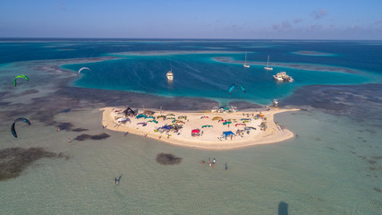 Aerial view of kite surf and wind surf in Los Roques