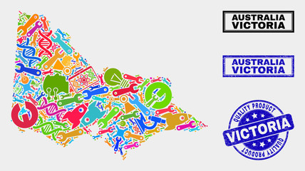 Vector collage of industrial Australian Victoria map and blue seal stamp for quality product. Australian Victoria map collage constructed with tools, wrenches, production icons.