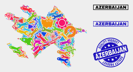 Fototapeta na wymiar Vector collage of tools Azerbaijan map and blue seal for quality product. Azerbaijan map collage made with tools, spanners, science icons.