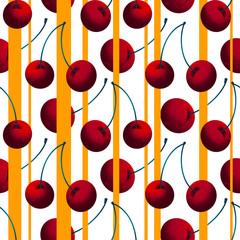 Ripe red cherries summer color retro seamless pattern