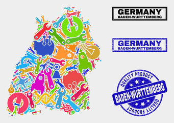 Vector collage of technology Baden-Wurttemberg Land map and blue seal for quality product. Baden-Wurttemberg Land map collage made with equipment, wrenches, industry icons.