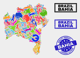 Vector collage of service Bahia State map and blue stamp for quality product. Bahia State map collage formed with equipment, wrenches, industry icons.