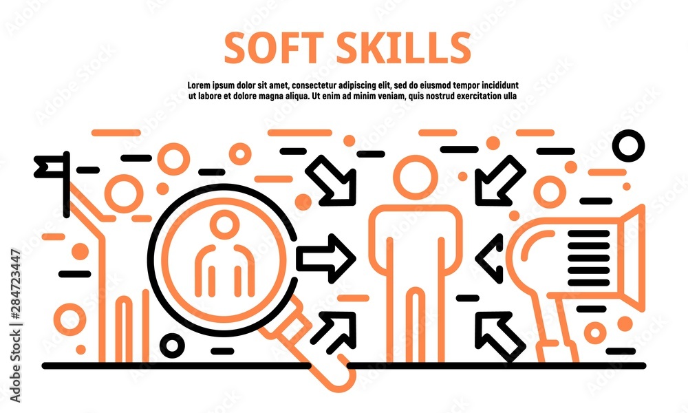 Poster soft skills banner. outline illustration of soft skills vector banner for web design