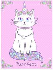 Beautiful graceful unicorn cat on a pink background with flowers.