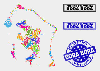 Vector collage of service Bora-Bora map and blue seal stamp for quality product. Bora-Bora map collage created with tools, spanners, production symbols. - obrazy, fototapety, plakaty