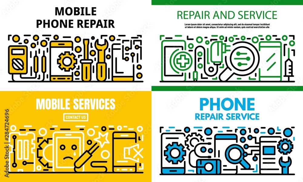 Poster City mobile phone repair banner set. Outline set of city mobile phone repair vector banner for web design - Posters