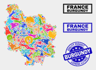 Vector collage of tools Burgundy Province map and blue watermark for quality product. Burgundy Province map collage designed with tools, wrenches, production symbols.