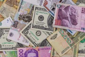 Multicurrency background of US dollars, Russian rubles, Belarusian rubles, Egyptian pounds and Ukrainian hryvnias