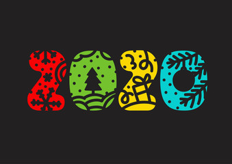 Happy New Year 2020 with doodle elements. Vector Illustration