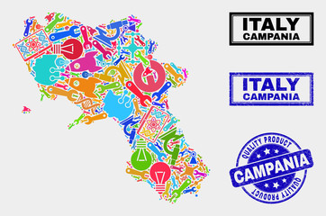 Vector collage of service Campania region map and blue stamp for quality product. Campania region map collage constructed with tools, wrenches, science symbols.
