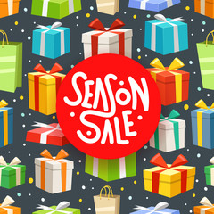 Season sale concept. Different color gift boxes ans calligraphic logo