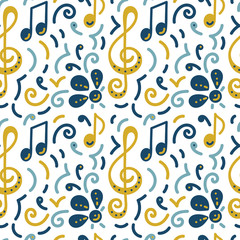 Seamless pattern. Doodle vector background, music concert festival. Musical note, treble clef, flowers