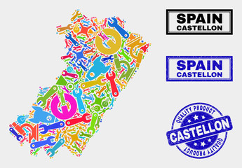 Vector collage of service Castellon Province map and blue watermark for quality product. Castellon Province map collage designed with equipment, spanners, production symbols.