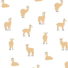 Cartoon alpaca - simple trendy beige animal pattern on white background. Cartoon illustration for prints, clothing, packaging and postcards. 