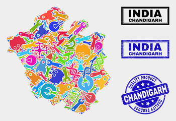 Vector collage of service Chandigarh City map and blue stamp for quality product. Chandigarh City map collage created with equipment, wrenches, production icons.