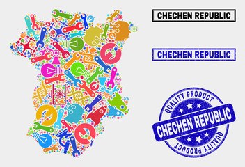 Vector collage of service Chechen Republic map and blue seal stamp for quality product. Chechen Republic map collage composed with tools, wrenches, production symbols.