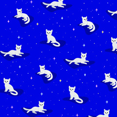 Obraz na płótnie Canvas Cartoon cat - simple trendy animal pattern with stars on blue background. Cartoon vector illustration for prints, clothing, packaging and postcards. 