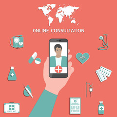 Fototapeta na wymiar Online consultation - world map, hand holds a smartphone, on the screen a young, cute, dark-skinned doctor, medicines and medical devices - isolated on red background - vector. Medical concept.