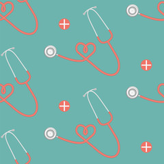 Seamless pattern - stethoscope with rubber tube swirling a heart - green background - vector. Medical Concept.